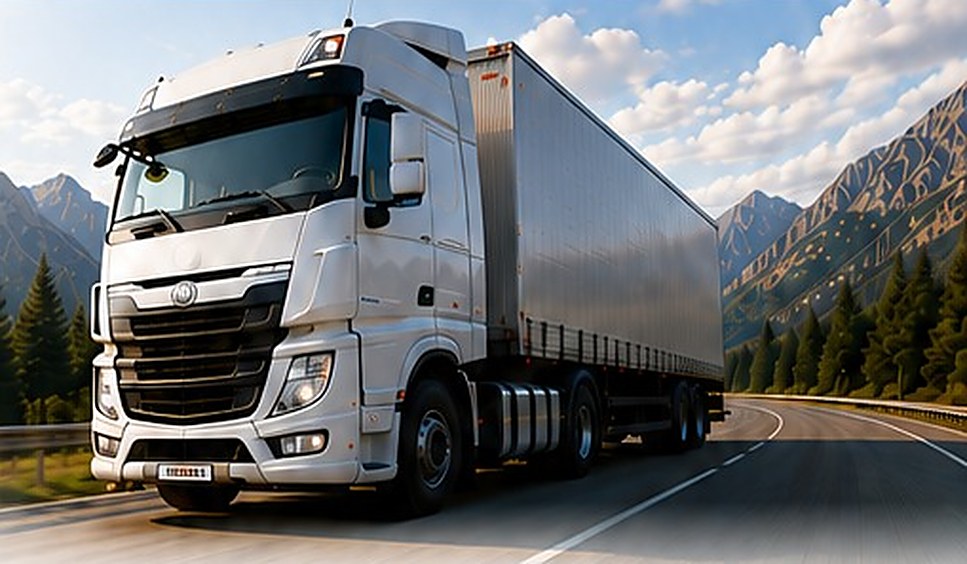 An articulated HGV travelling on a mountain highway