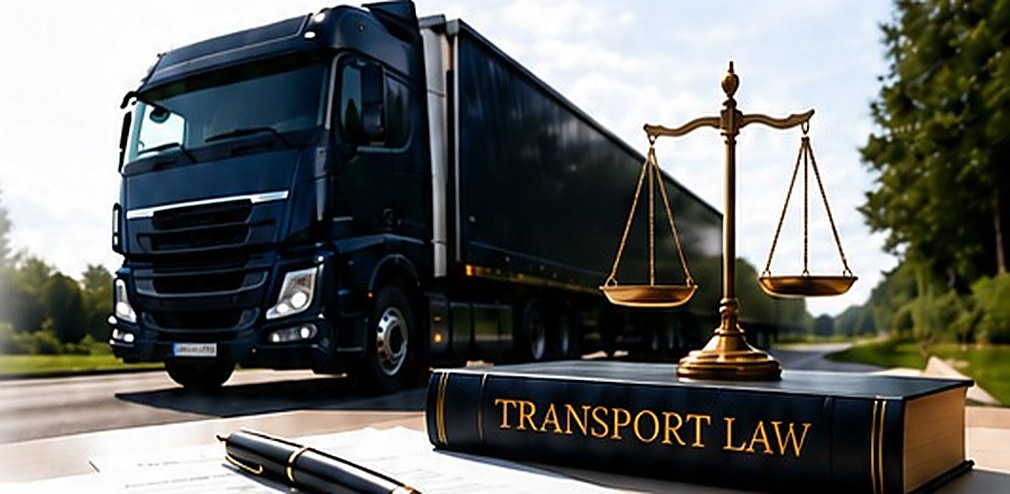 An HGV on a road beside a set of brass scales resting on a transport law textbook